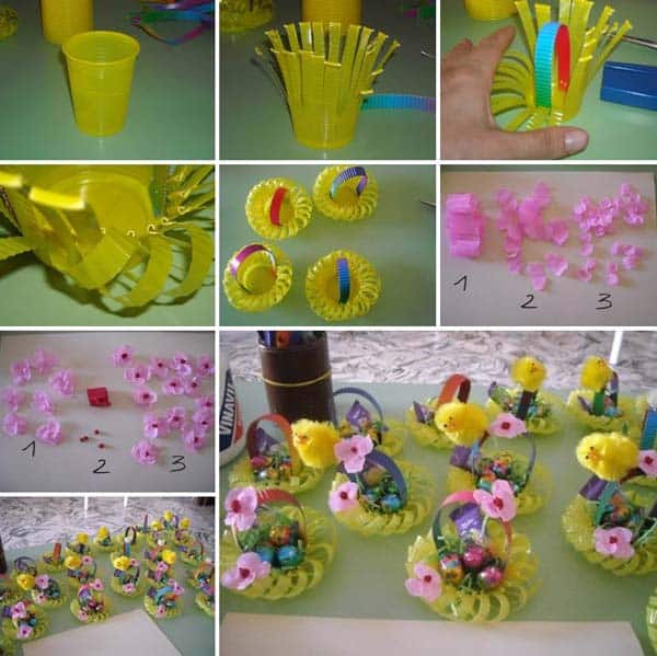 #16 use simple plastic cups to create egg baskets as your Easter egg hunt reward