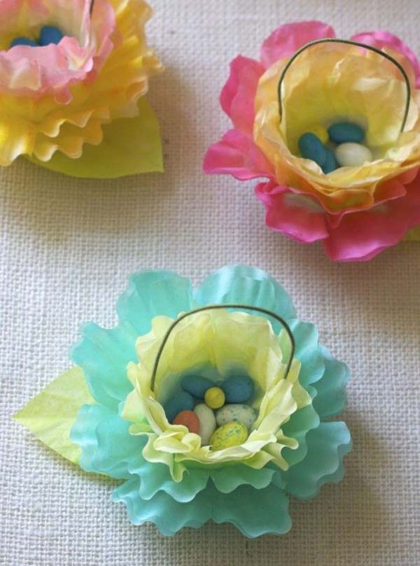 paper flower baskets with tiny Easter eggs