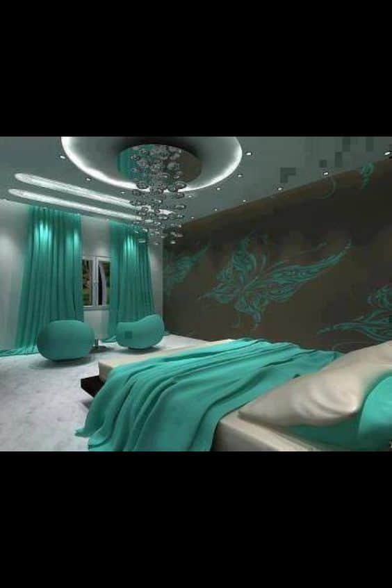 #1 Consider a turquoise and silver grey room with silver chandelier and fairy tale wall stickers to match