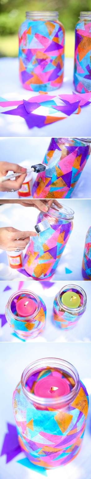 21. COLORFUL TISSUE PAPER DECORATED MASON JARS