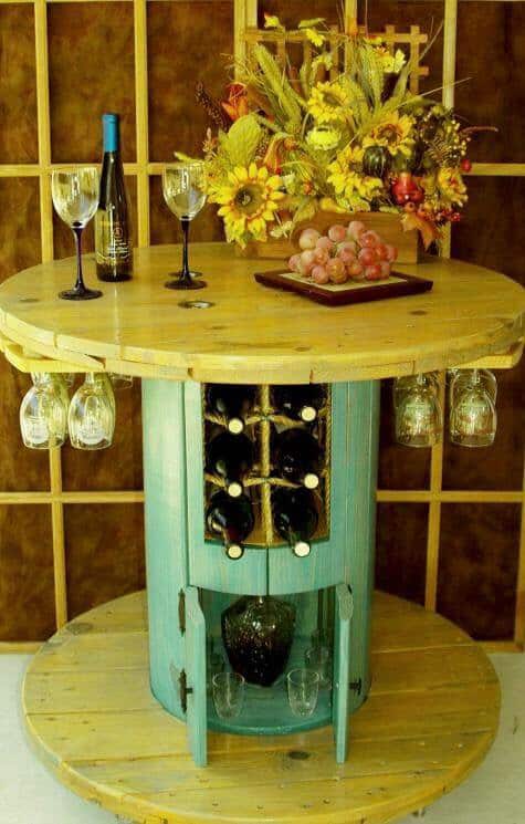 15. SPOOL TABLE DOUBLING AS WINE BAR