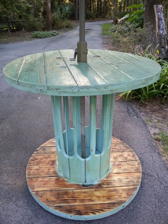 1. TURQUOISE SPOOL TABLE DESIGN PERFECT FOR OUTDOORS ENTERTAINING