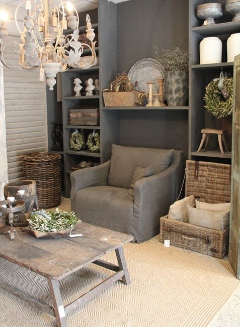 small living in taupe colors using vintage rustic