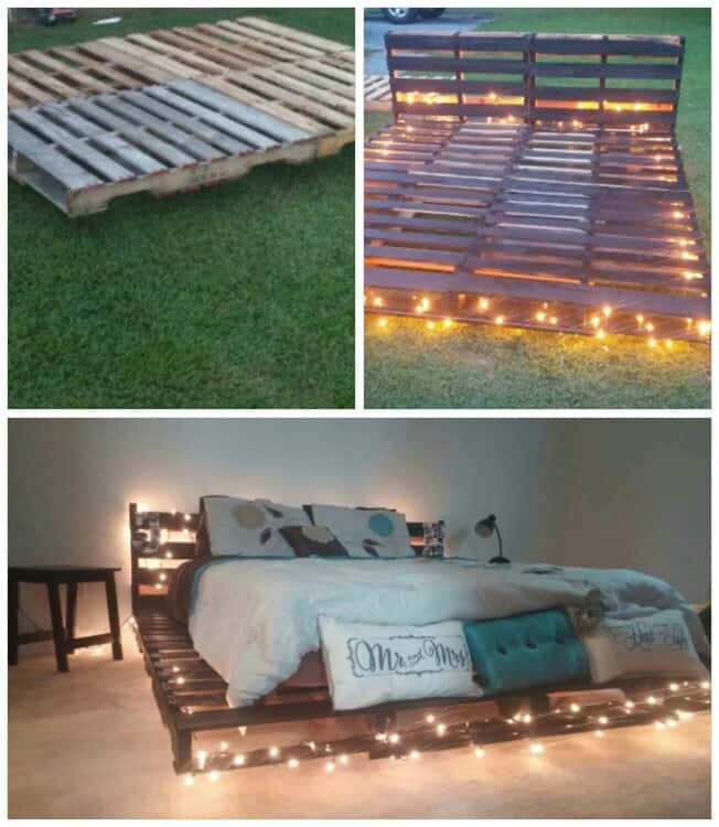 4. A SIMPLE PALLET BED FRAME ILLUMINATED WITH CHRISTMAS LIGHTS