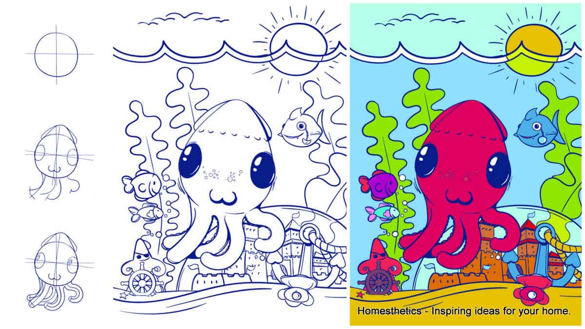 Learn How to Draw an Octopus - Cartoon Scene Step by Step Tutorial
