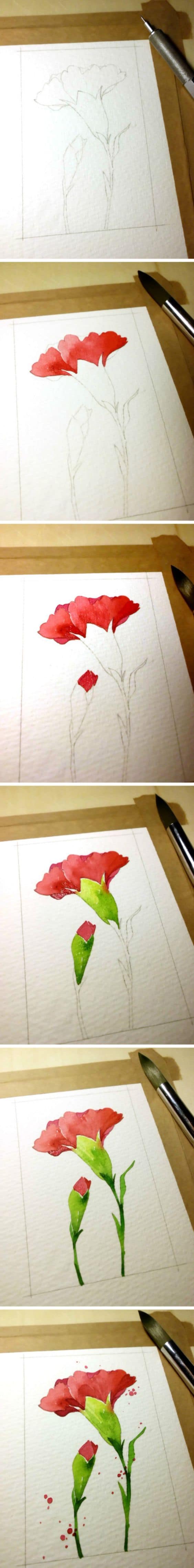 1. DRAW BRIGHT RED CARNATIONS STARTING WITH A SKETCH AND TWO BASIC TONES