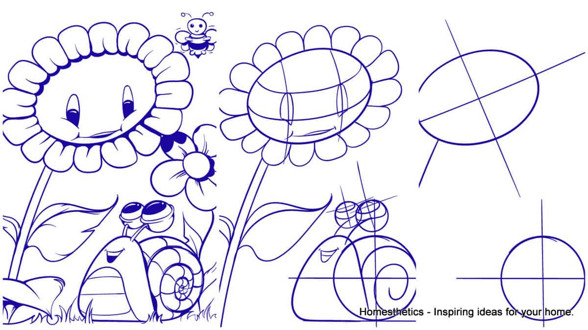 Learn How to Draw a Sunflower and a Snail- Cartoon Scene Step by Step Tutorial