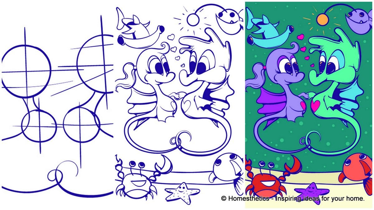 Learn How to Draw a Seahorse - Cartoon Scene Step by Step Tutorial