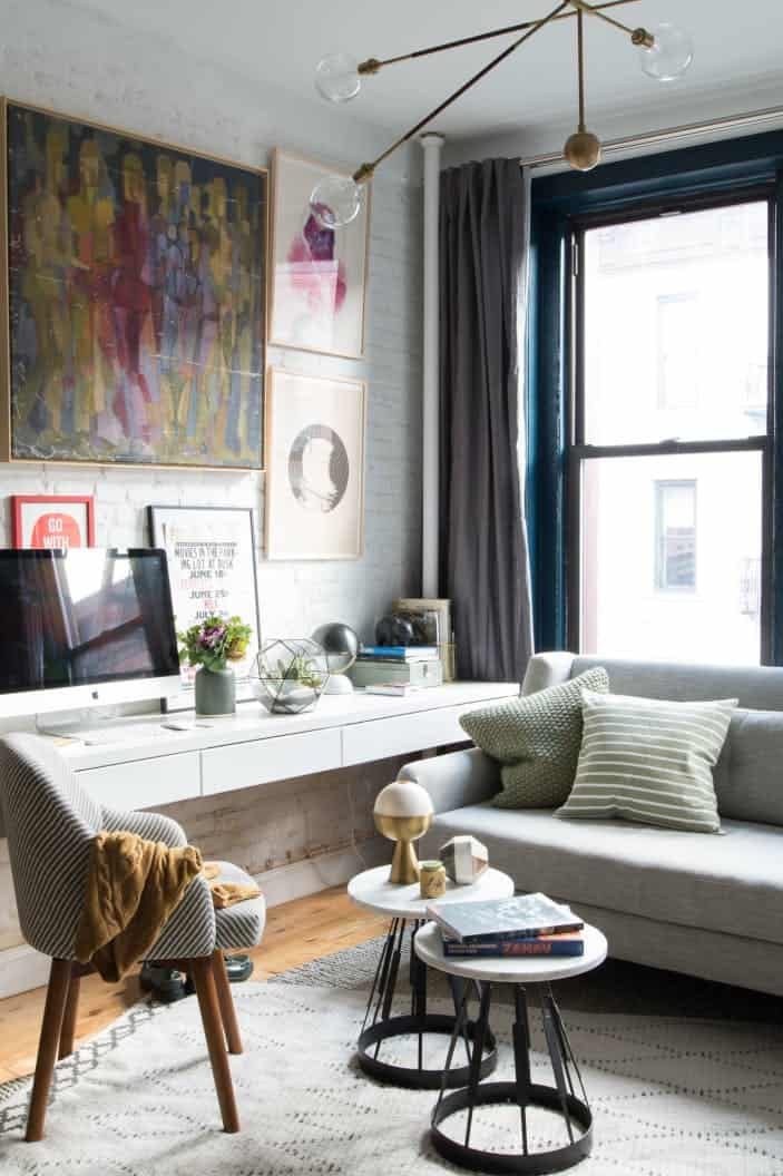 7. a long white narrow desk can become part of your living area