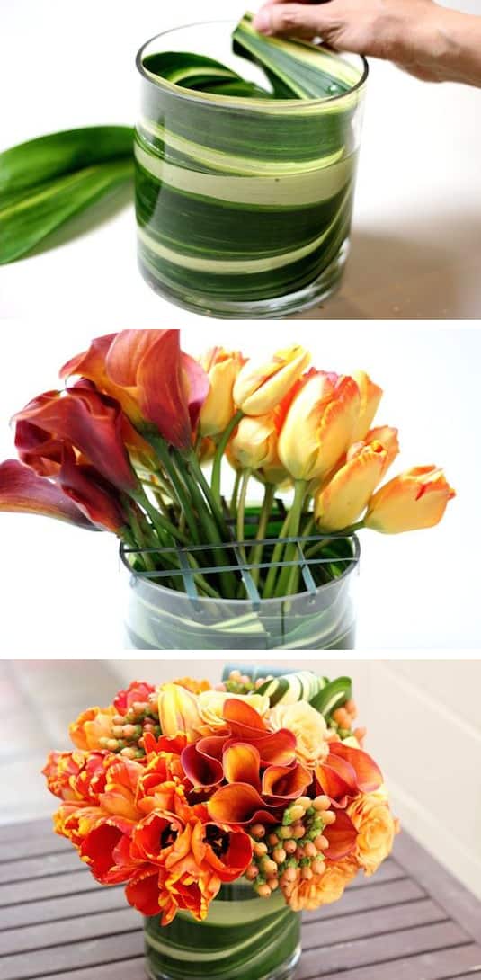 6.-Use-large-leaves-to-disguise-floral-foam-and-stems.-13-Clever-Flower-Arrangement-Tips-Tricks