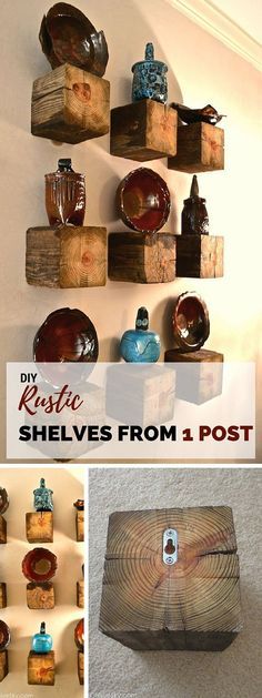 DIY rustic shelves from wooden block