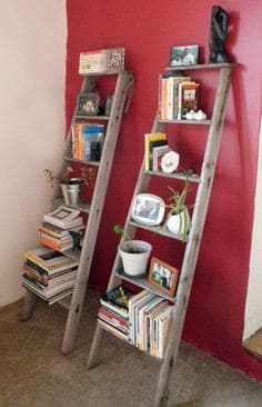 Cheap bookshelves designed with wooden ladders