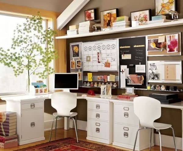 Eclectic-home-office-in-brown-and-white