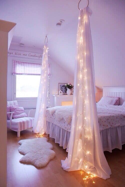 drapes and christmas lights for a mix of classic and modern effect