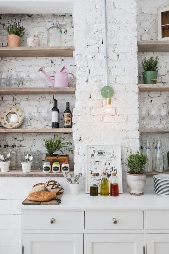 shabby chic kitchen with white kitchen wall