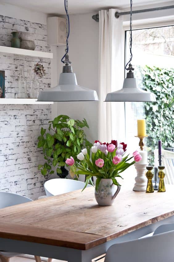 shabby chic kitchen with wooden bricks in white