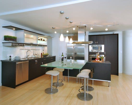 Astonishing-Bamboo-Floor-In-Kitchen-With-Dark-Brown-Kitchen-Island-And-Silver-Refrigerator-Combined-With-Glass-Kitchen-Table-With-Brown-Stools-Complet