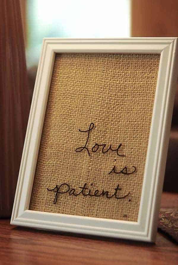 42. BURLAP AND PICTURE FRAMES WITH A LOVE MESSAGE