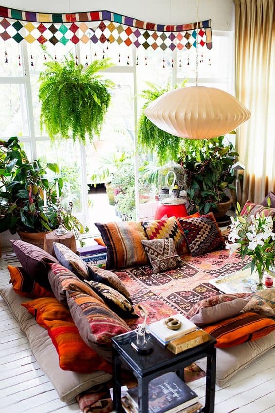 35. BOHEMIAN DECOR WITH SIMPLE PILLOWS and floor level sofas