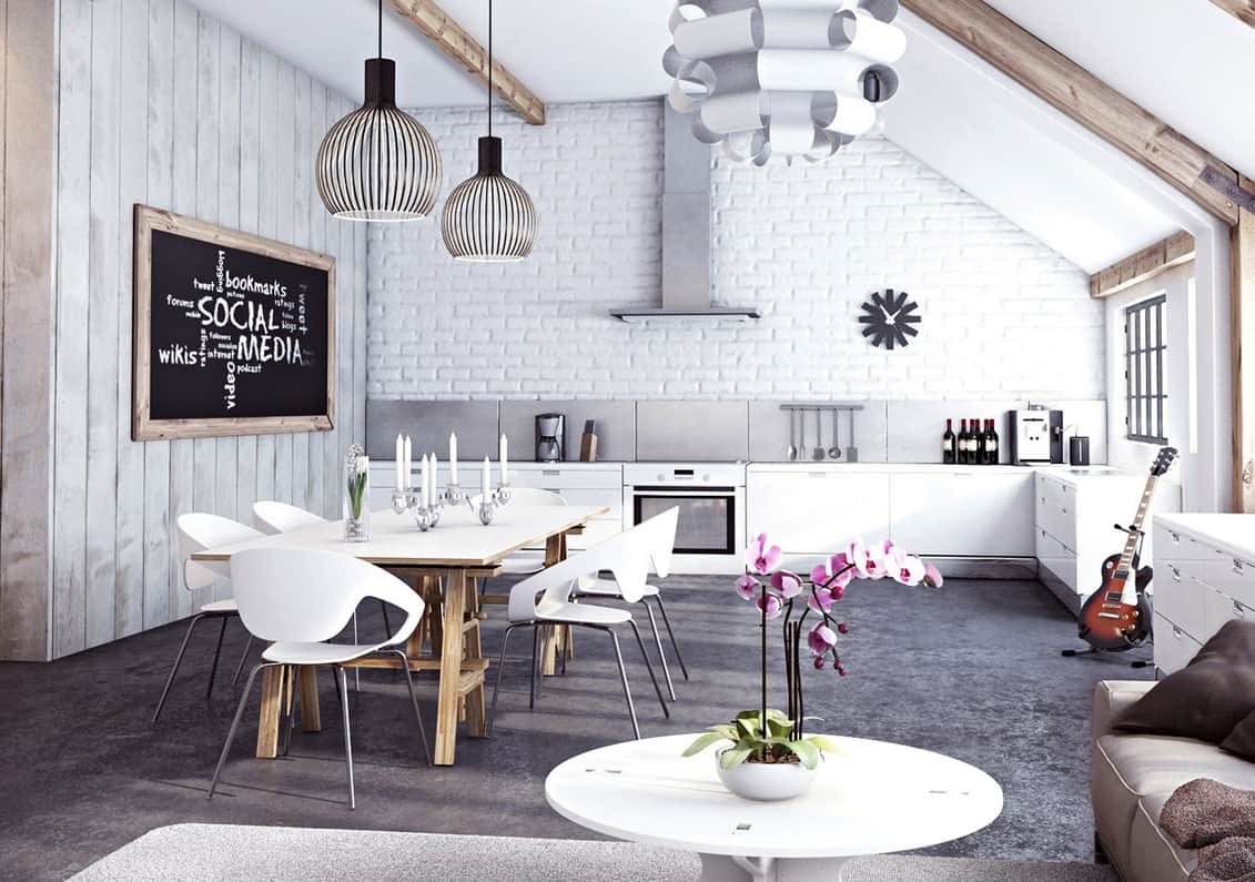 attic white bricks and exposed wooden beams