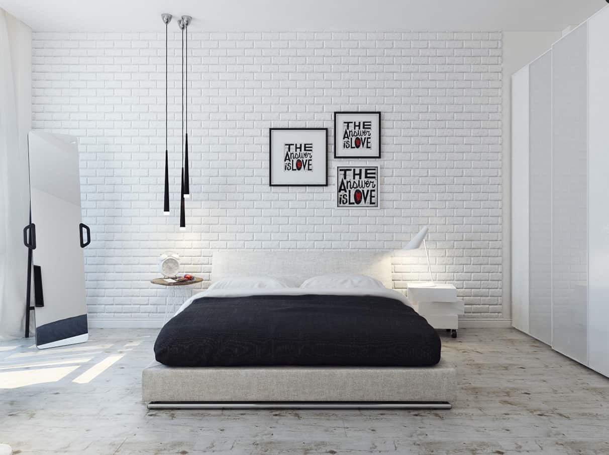 minimalist bedroom design with white brick wall