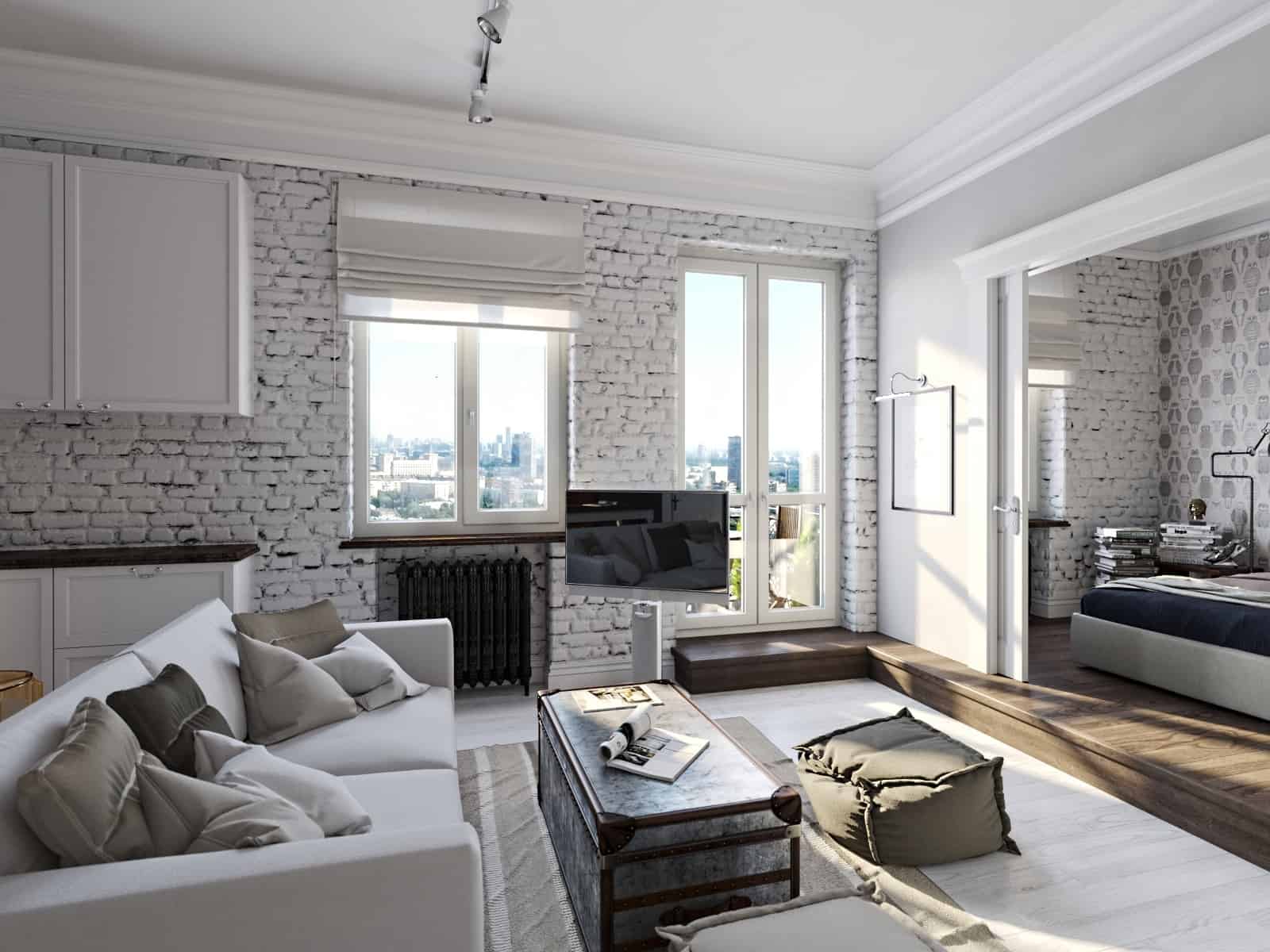 white bricks and heavy textures on modern apartment design