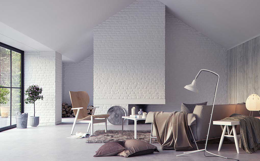 airy interior with lots of light and bricks painted in white