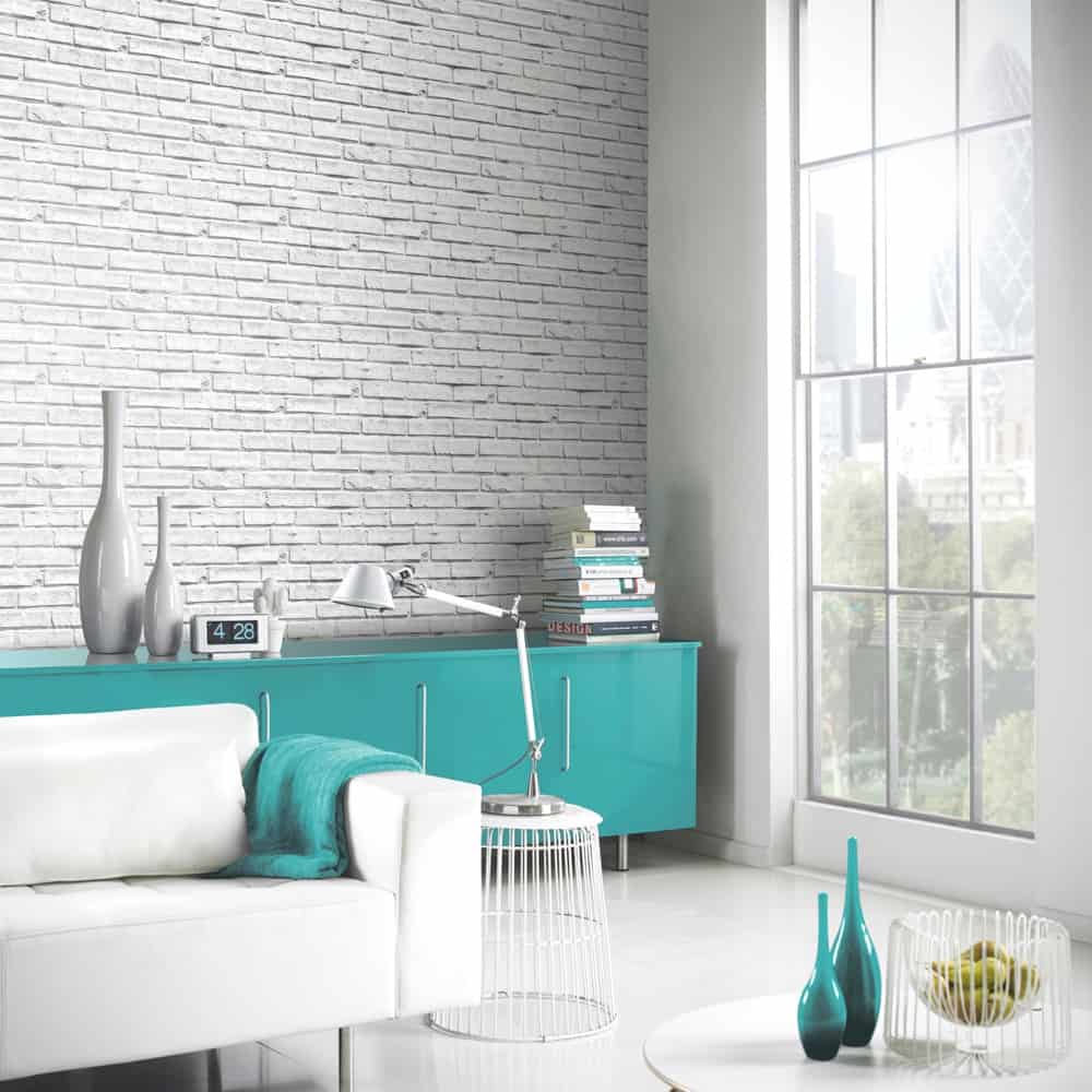 white brick and teal furniture rendering