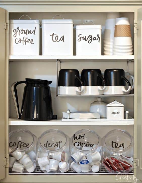 45. COFFEE STATION INSIDE KITCHEN CABINETS