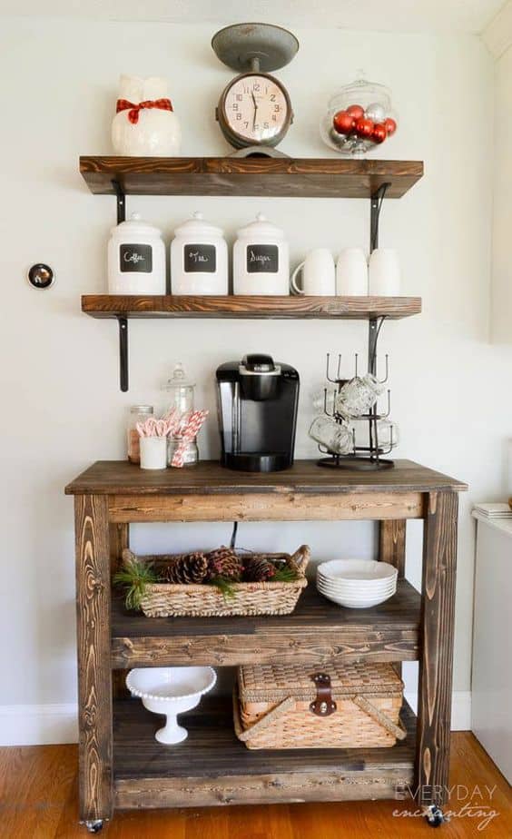 26. NATURAL WOOD COFFEE BAR IN WHITE SETTING