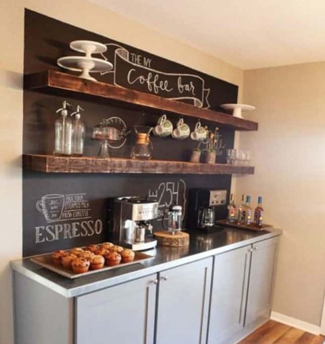 14. CHALKBOARD WALL AND RUSTIC FLOATING SHELVES