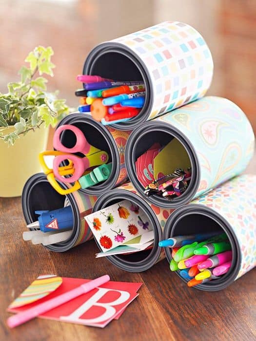 24. COLORFUL TIN CAN ORGANIZERS