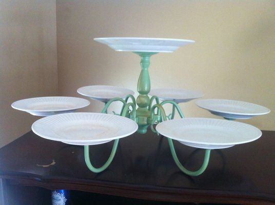 8. OLD CHANDELIER AND PLATES Cake Stand