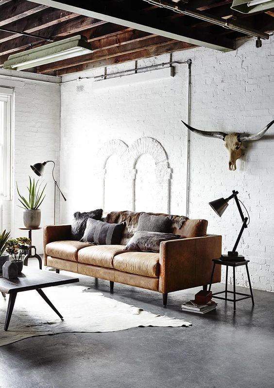 leather sofa in industrial interior design