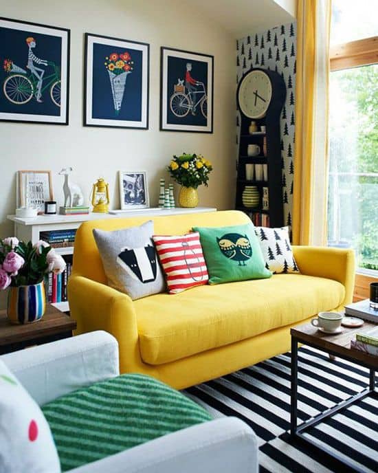 Prints and patterns around yellow couch