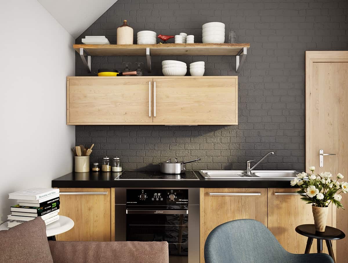 Scandinavian dark kitchen light wood charcoal feature wall