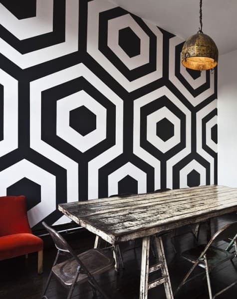 black and white geo print wallpaper for a dining room