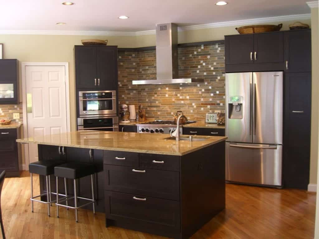 kitchen astonishing image of kitchen design and decoration using light brown brick tile kitchen backsplash including black wood kitchen cabinet and cream granite kitchen counter tops wonderful various