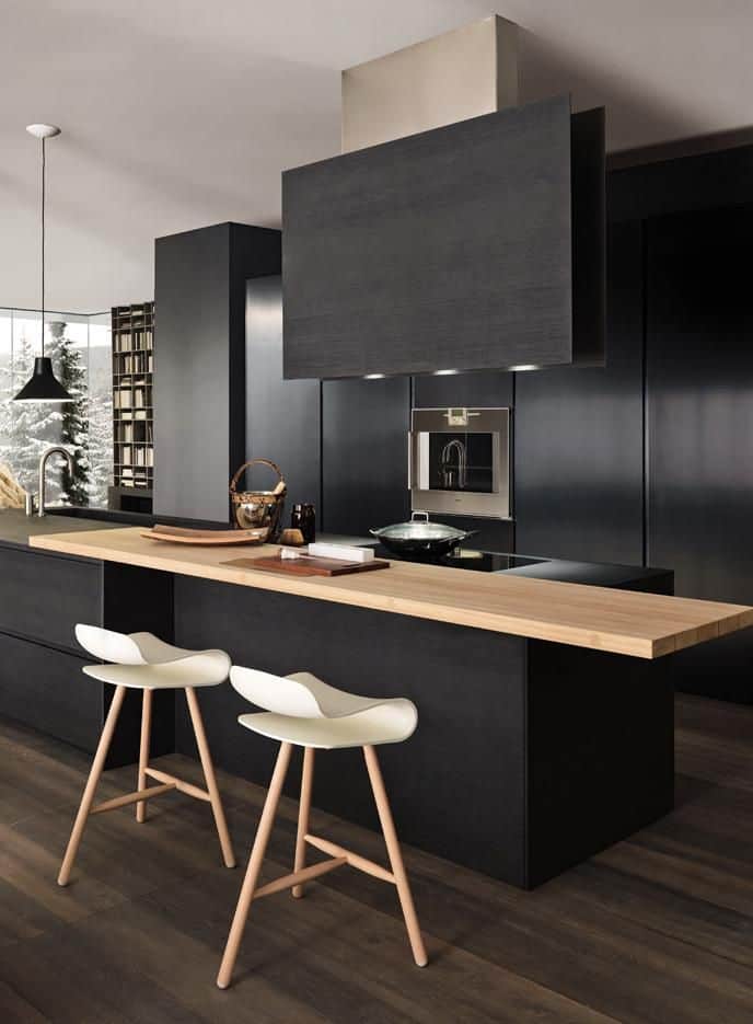 pale wood against matt black contemporary kitchen