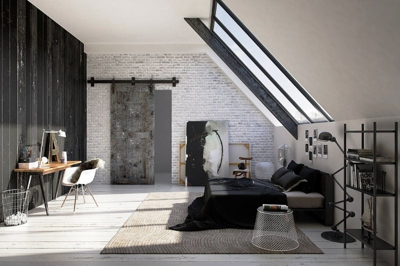 Appealing Black White Attic Home Decor with Brick Wall