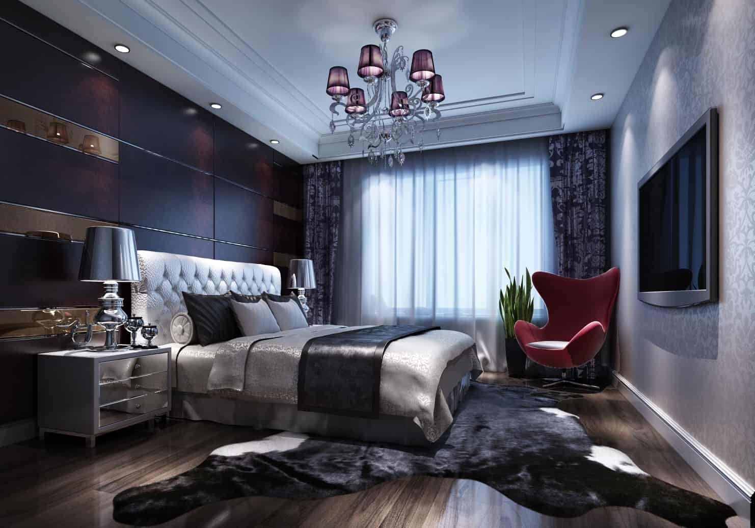 black and gray luxury bedroom decorations with wooden flooring ideas