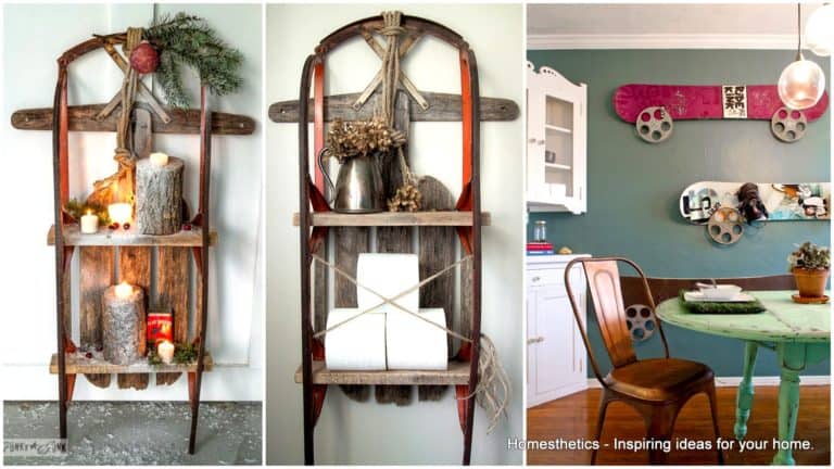 19 Winter Home Decorations Re purposing Sleighs Skis Snowboards