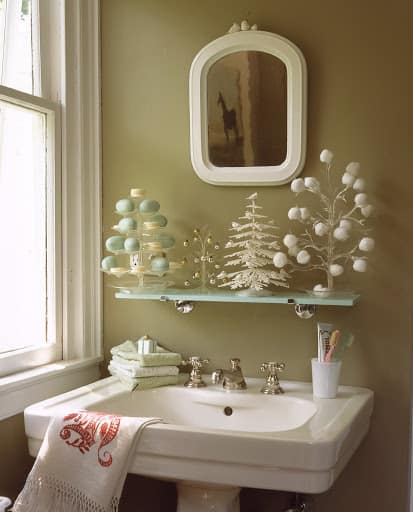 adorable Christmas Decorating Ideas Bathroom with framed mirror and white pedestal sink