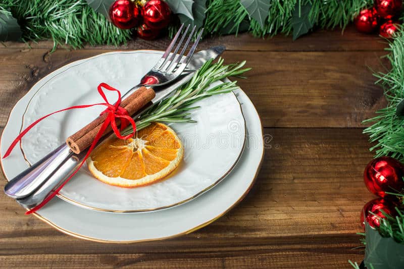 christmas table layout red tape cinnamon stick rosmarin slice dry orange dark wooden background 81283426