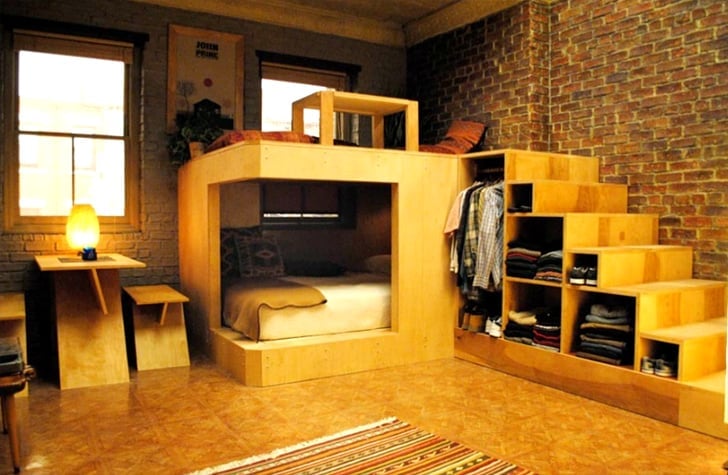 small apartment with cantilevered bed, 
