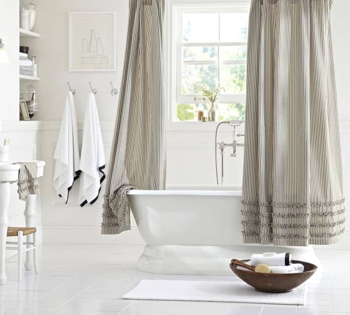 TICKING STRIPED RUFFLED SHOWER CURTAIN