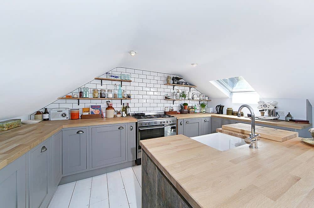 Attic kitchen in white and gray with Scandinavian style