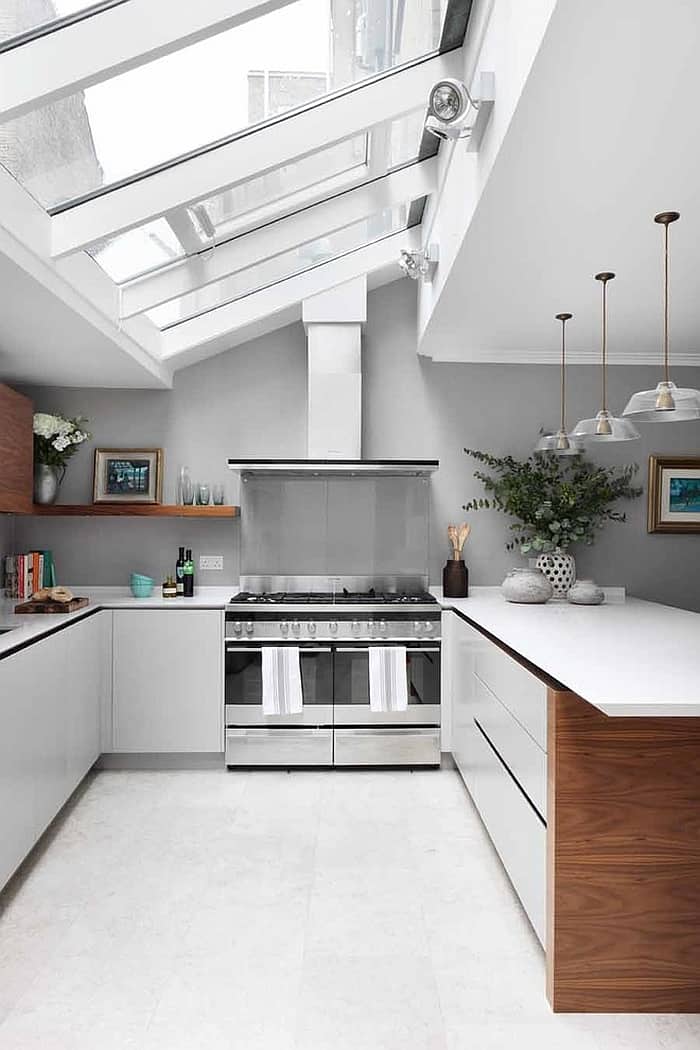 Large skylights define the overall ambiance of the kitchen