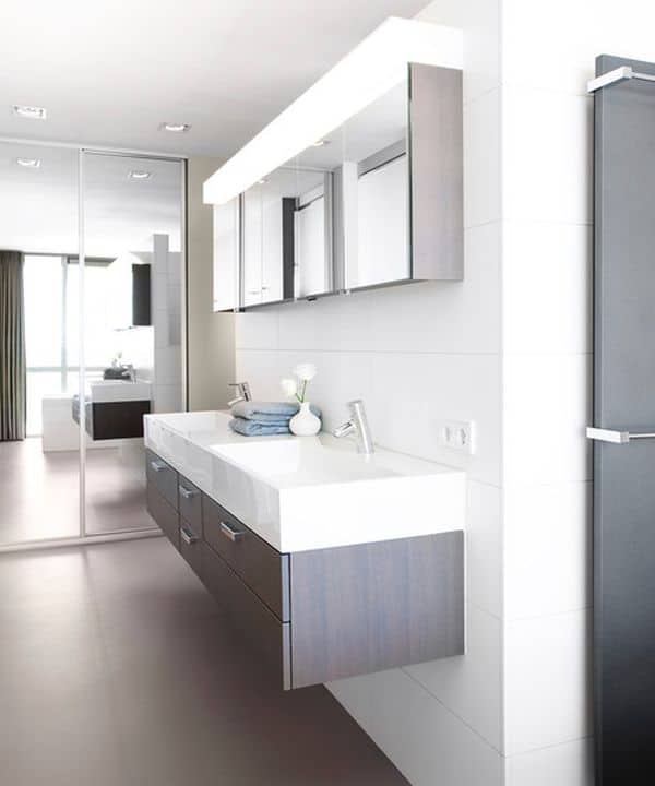 Modern bathroom with floating double sink design in white and gray