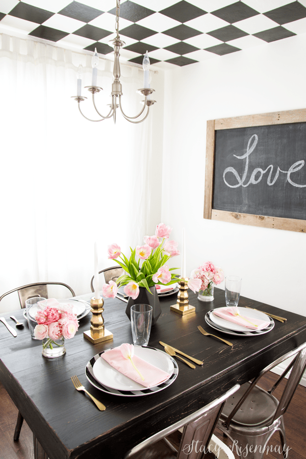 blac gold and blush valentines day table setting